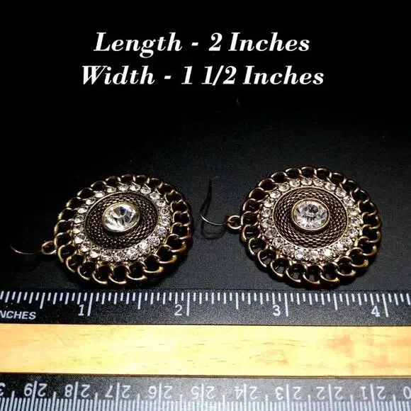 Vintage Clear Rhinestones Mesh Link Chain Round Drop Earrings, 2 Inches - Picture 7 of 8